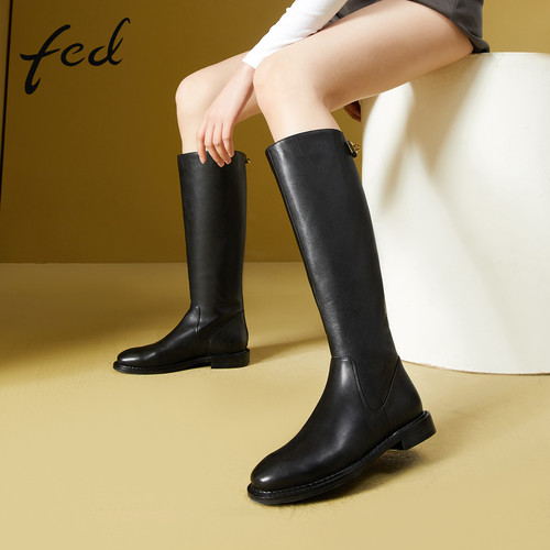 fed全头层牛皮加绒高筒骑士靴女