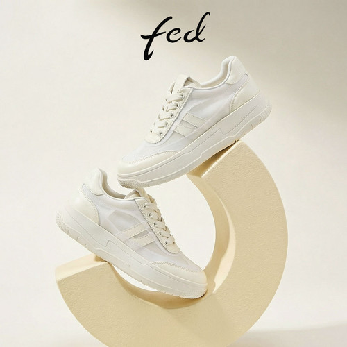 fed厚底真皮网面女小白鞋夏款