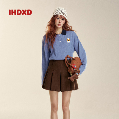 【清仓特惠】IHDXD 细条纹刺绣上衣新款百搭女polo拼色条纹长袖
