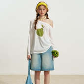 休闲中裤 IHDXD鸭梨斜肩长袖 透气T恤女百搭宽松显瘦牛仔五分裤