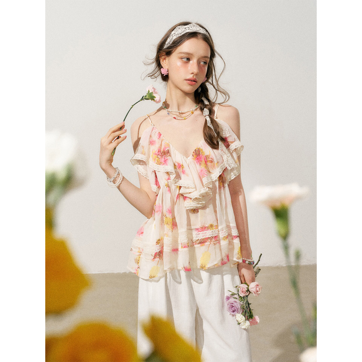 IHDXD 法式碎花吊带2026夏季上新浪漫风细带荷叶边少女度假风上衣