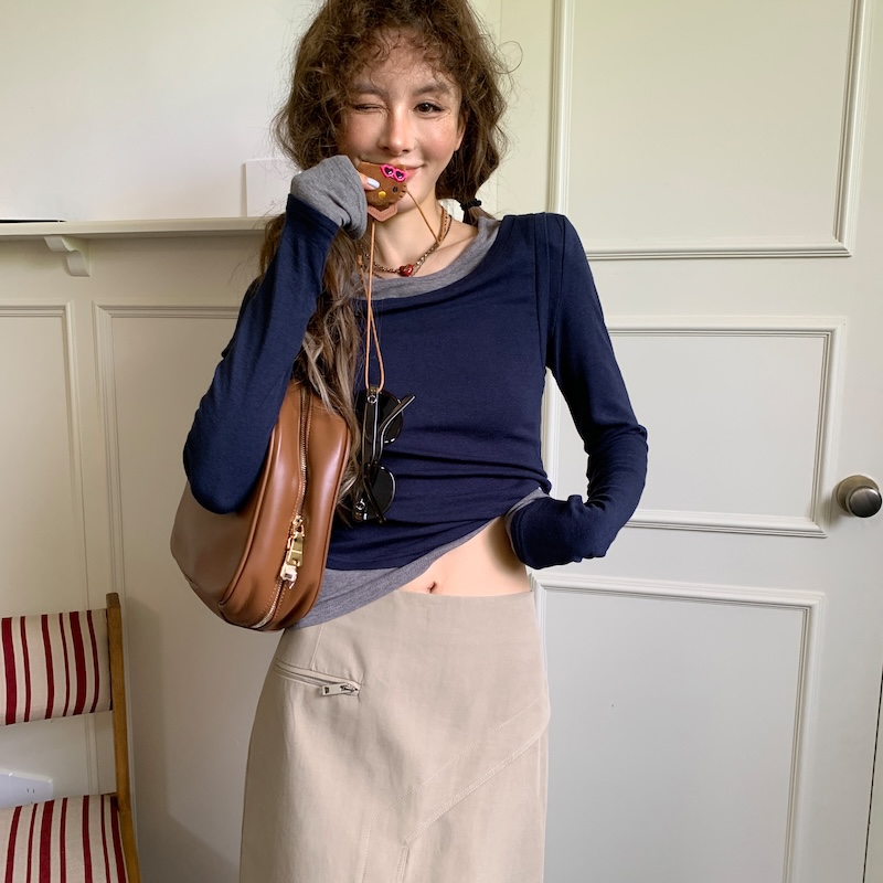 【现货】IHDXD拼接假两件上衣秋季新款藏青色长袖T恤女修身显瘦