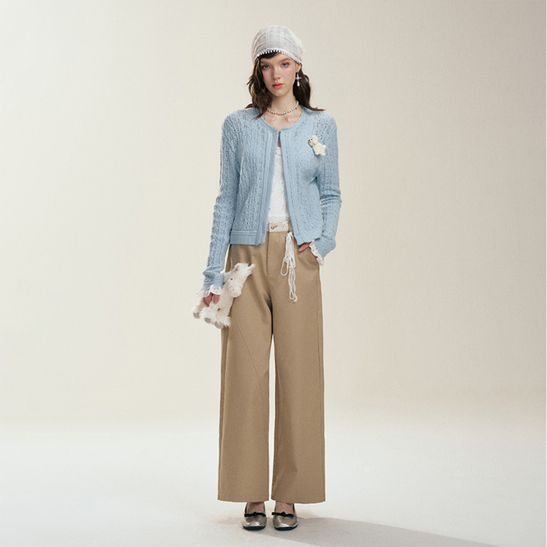 【现货】IHDXD 蕾丝袖毛衣2025年夏季新款浅蓝色针织开衫女款外套