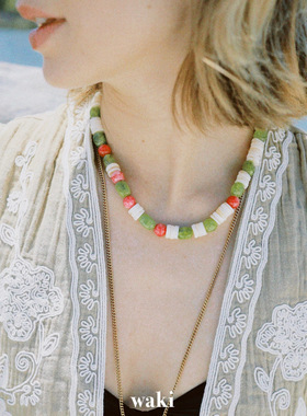 waki 草莓芭菲 Straberry Parfait 天然贝壳粉绿色手工串珠项链