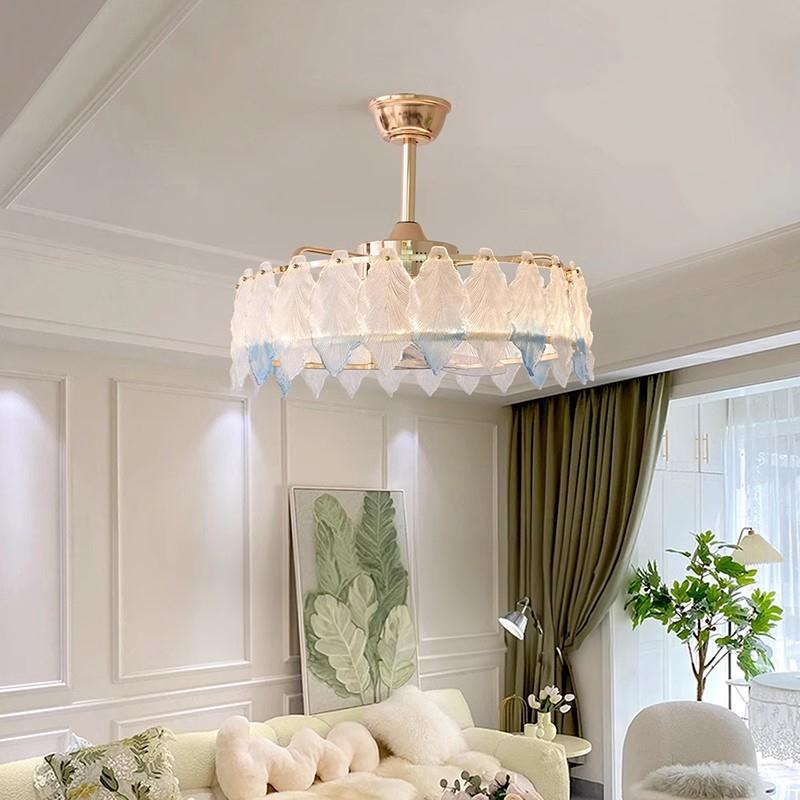 法式全光谱客厅吊扇灯轻奢柳叶水晶玻璃卧室餐厅吸顶灯摇头风扇灯