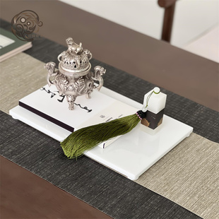 样板间新中式摆件书房客厅桌面软装流苏托盘组合饰品香炉玉玺摆设