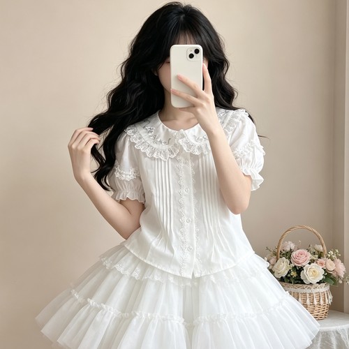 Lolita内搭娃娃领刺绣短袖衬衫夏