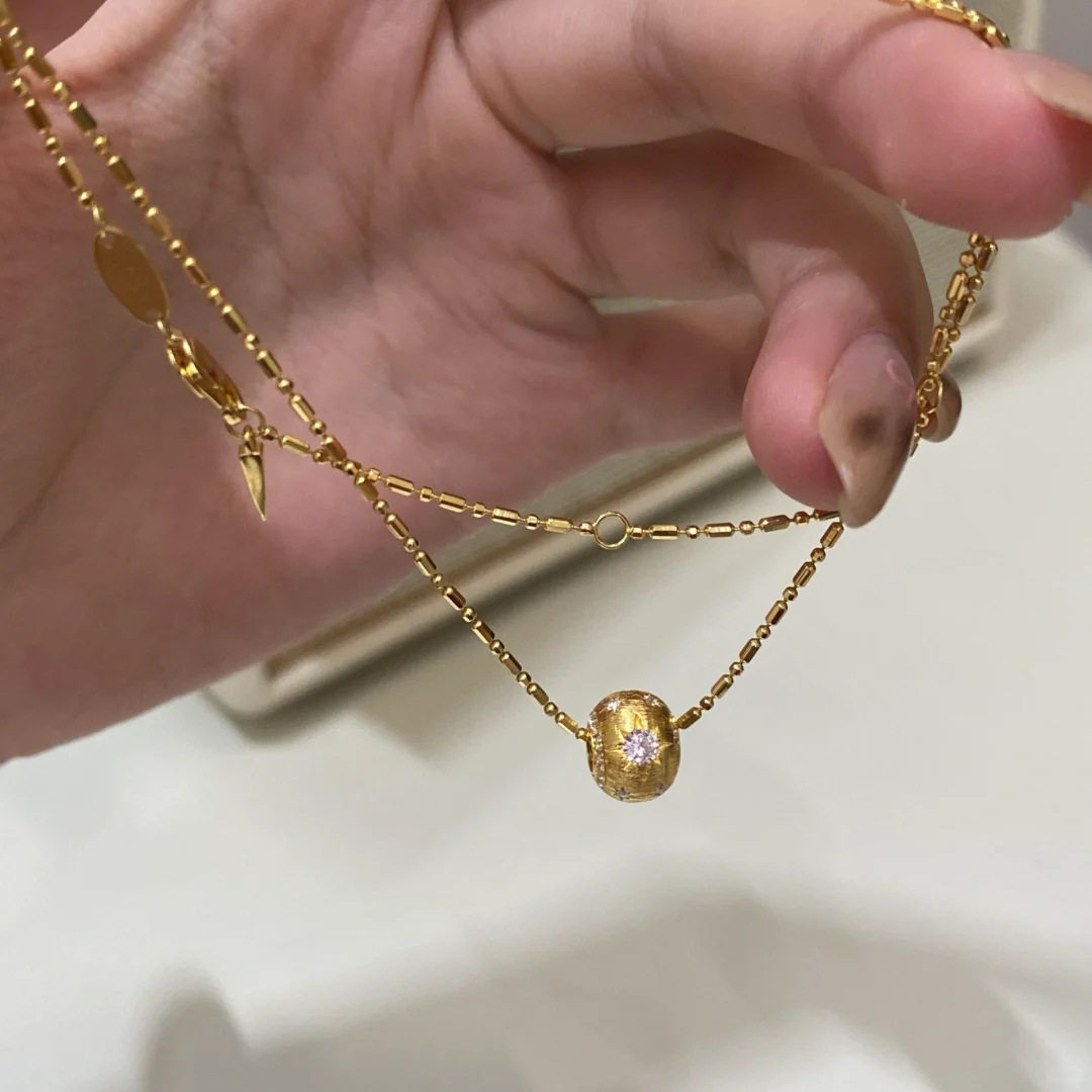 法国coopkoops925银拉丝猫眼小金球中古风星芒粉钻圆环项链