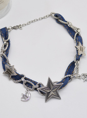 法国CoopKoop镶钻五角星牛仔项链甜酷辣妹复古星月锁骨链y2k个性