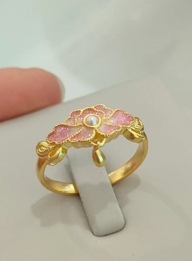 法国coopkoops925银新中式粉色芍药珐琅戒指复古轻奢高级感食指