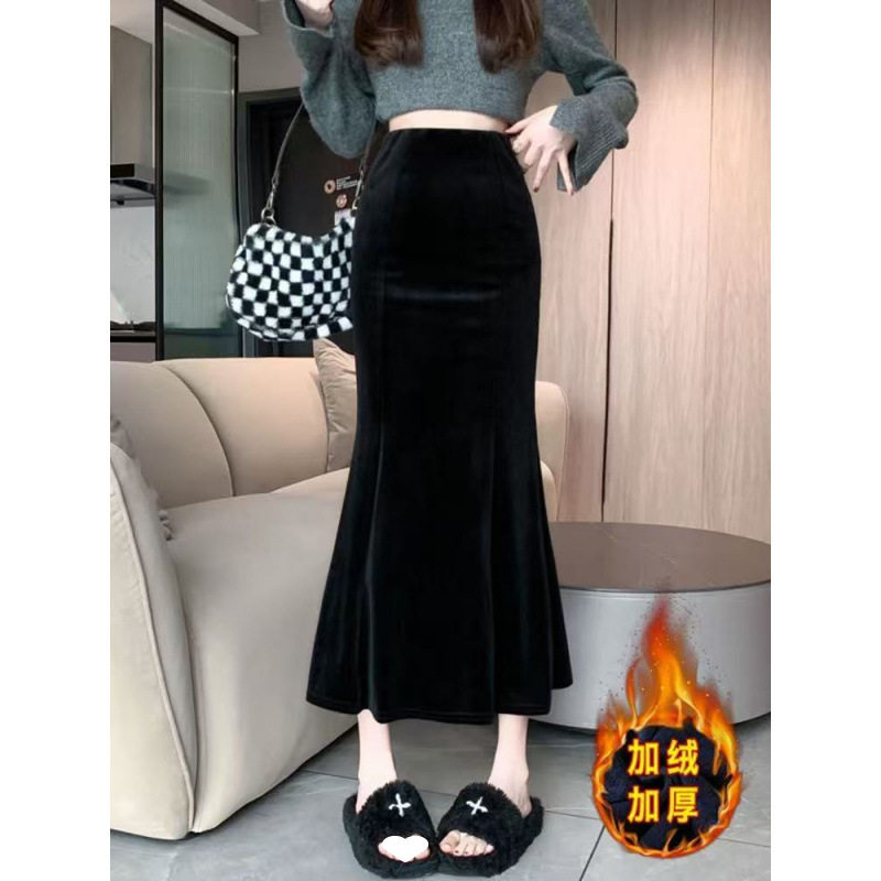 法国chrry koop黑色金丝绒半身裙女秋冬天加绒加厚高腰显瘦