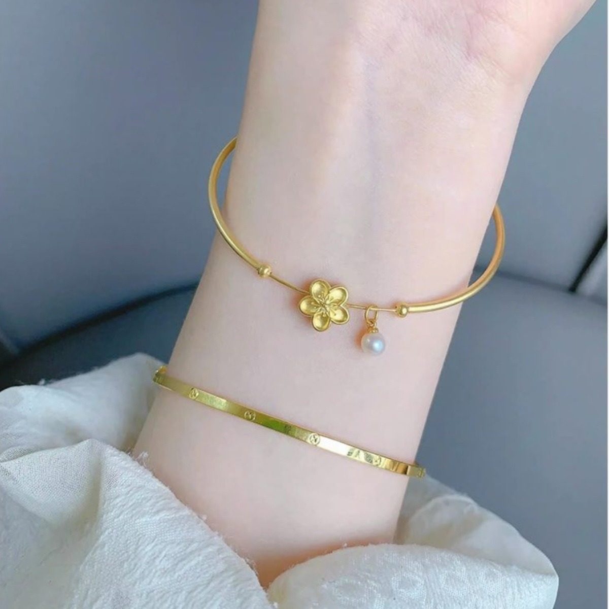 法国coopkoop小桃花珍珠手环女vintage宫廷风古法细手镯送闺蜜