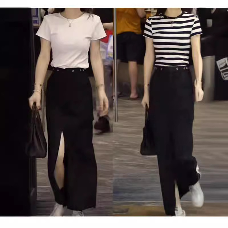 法国coopkoop夏季新款圆领条纹打底衫高腰开叉半身裙显瘦