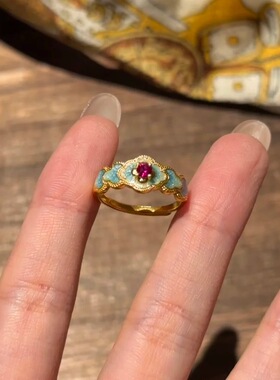 法国coopkoops925银复古蓝花红石戒指女款新中式食指戒vintager
