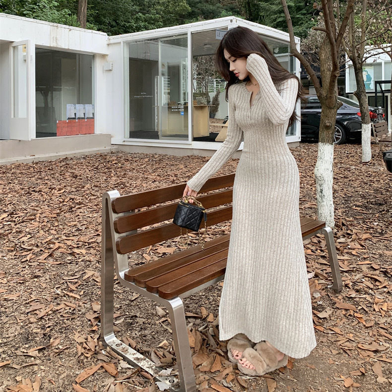 网红针织加绒连衣裙女春秋装慵懒收腰内搭长袖打底裙长款包臀裙