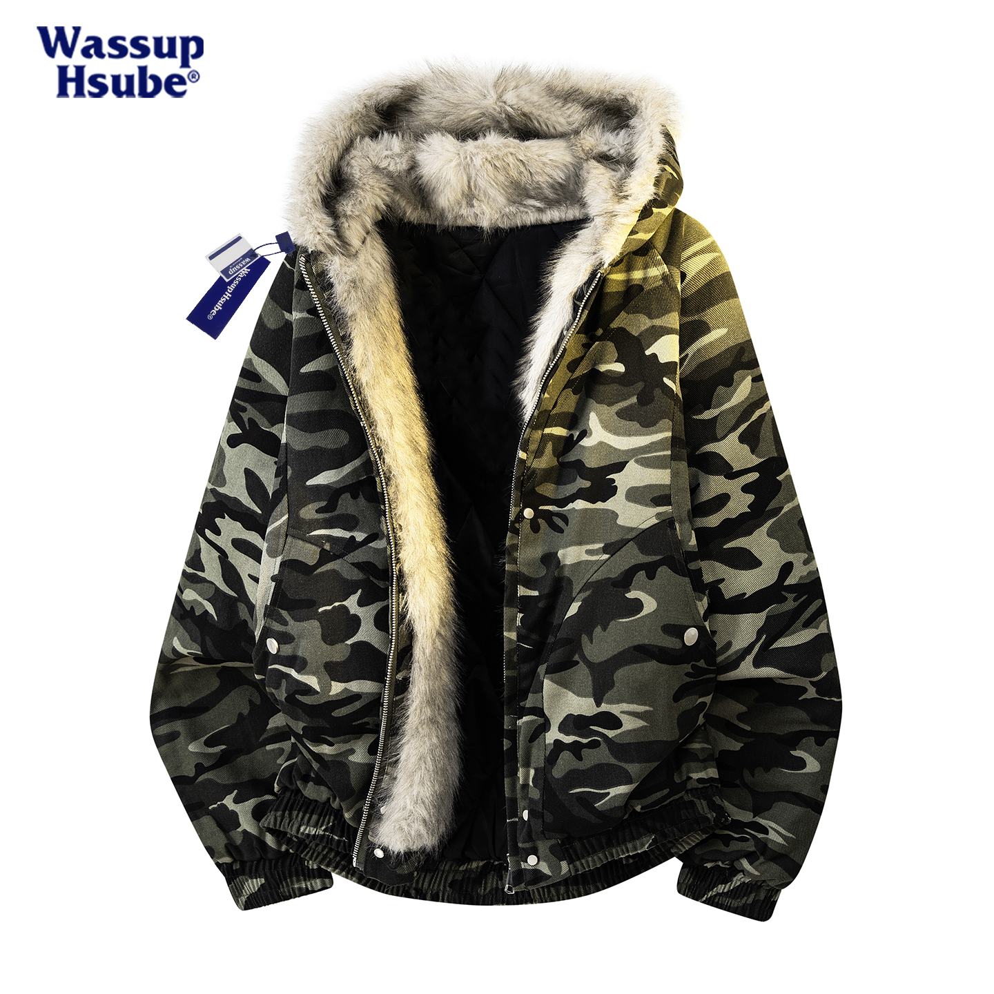 毛领连帽迷彩棉服男女