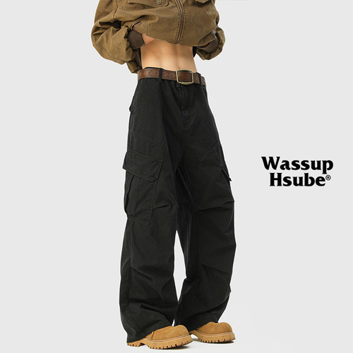 WASSUPHSUBE褶皱多口袋工装裤男