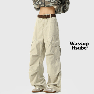 WASSUP HSUBE多口袋设计休闲裤男压褶直筒工装裤子美式高街阔腿裤