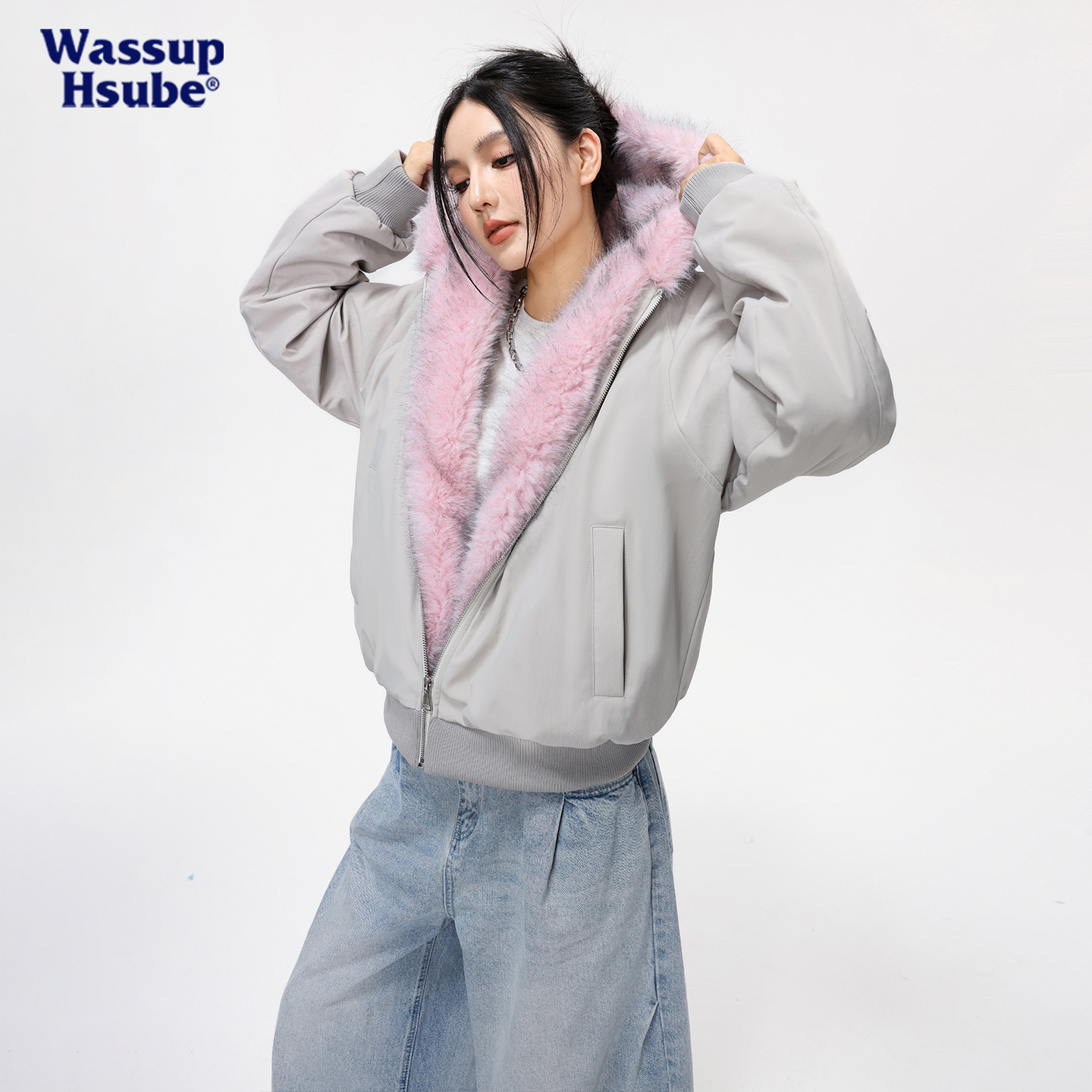 潮牌座山雕连帽棉服女