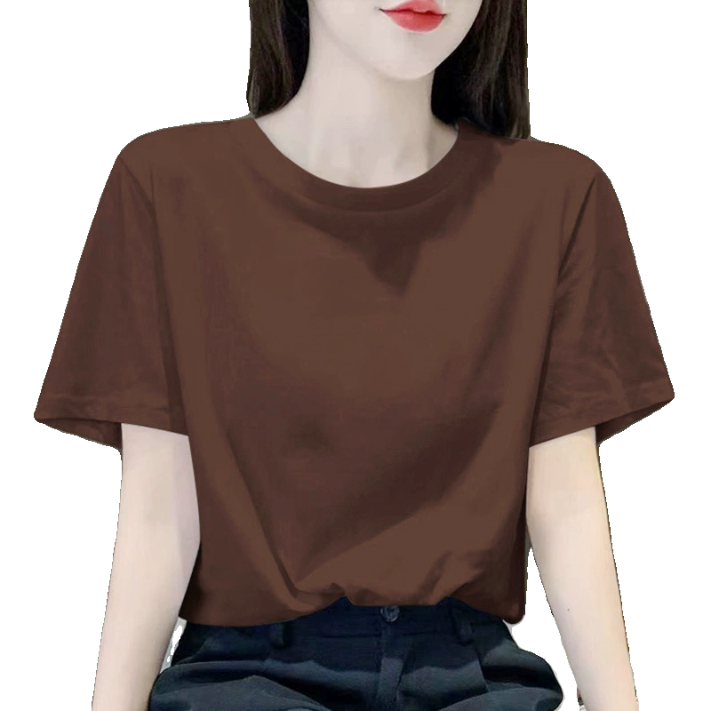 纯色圆领T恤女宽松2025年夏季新款常规正肩纯棉咖啡色短袖上衣潮
