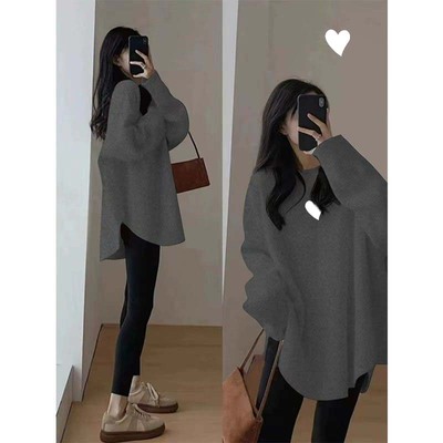 花灰色显白弧形中长款春秋冬2025磨毛打底衫女宽松休闲t恤上衣服