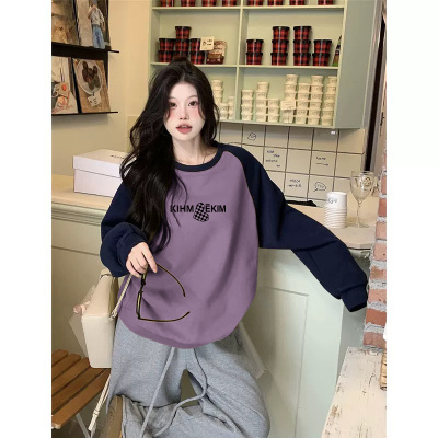 美式加绒加厚无帽圆领套头卫衣女秋冬大码胖mm中长款休闲外套上衣