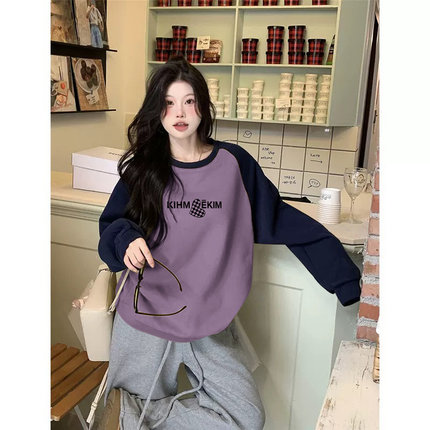 美式加绒加厚无帽圆领套头卫衣女秋冬大码胖mm中长款休闲外套上衣
