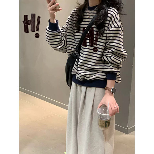 韩系条纹圆领卫衣外套女秋冬季2025年新款韩系初秋穿搭高级感上衣