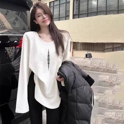 中长款纯棉白色打底衫女洋气内搭秋冬V领长袖t恤秋冬宽松百搭上衣