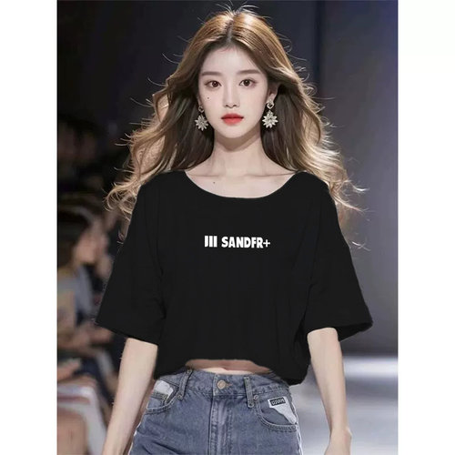 黑色时尚短袖宽松短款绝美上衣设计感小众辣妹独特高腰显瘦短袖