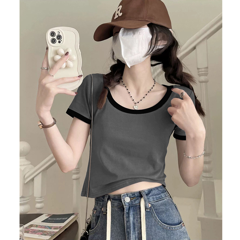 时尚洋气正肩u领短袖t恤女夏季2025新款设计感撞色修身短款上衣