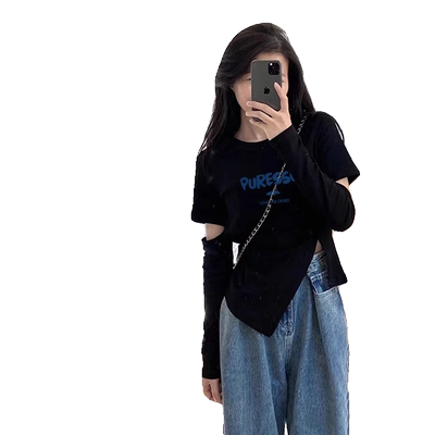 黑色不规则下摆打底衫女春季内搭2025年新款上衣设计感镂空长袖