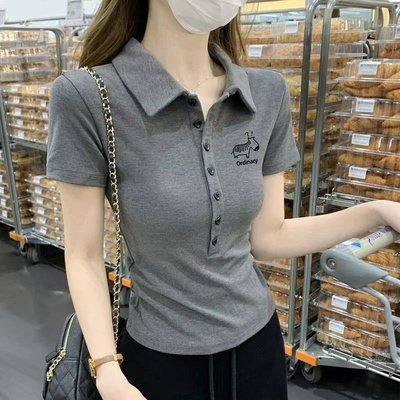 POLO衫T恤女夏季百搭修身显瘦短款打底衫深灰色设计感短袖上衣