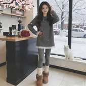 蕾丝中长款 遮屁股洋气减龄别致上衣 女秋冬装 磨毛款 灰色T恤打底衫