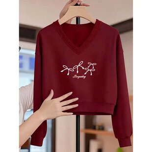 韩系ins风V领酒红色卫衣女春秋薄款宽松多巴胺穿搭小个子短款上衣