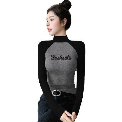 半高领打底衫女春秋季内搭长袖t恤加厚修身百搭时尚插肩袖上衣女