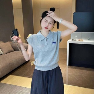 女夏季 棉质花灰色短袖 正肩polo衫 装 翻领v领上衣 t恤小飞袖 显瘦短款