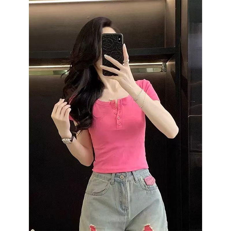 玫红色u领t恤女2025年夏季装修身短款高腰露脐洋气减龄辣妹上衣潮