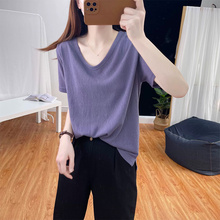 2025夏季新款大码女装竹节棉紫色短袖t恤女v领显瘦宽松大领口上衣