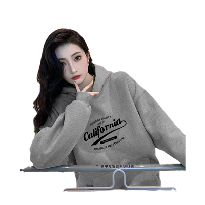 冬季鲨鱼裤的搭配卫衣女遮屁股2022新款加绒加厚灰色连帽减龄上衣