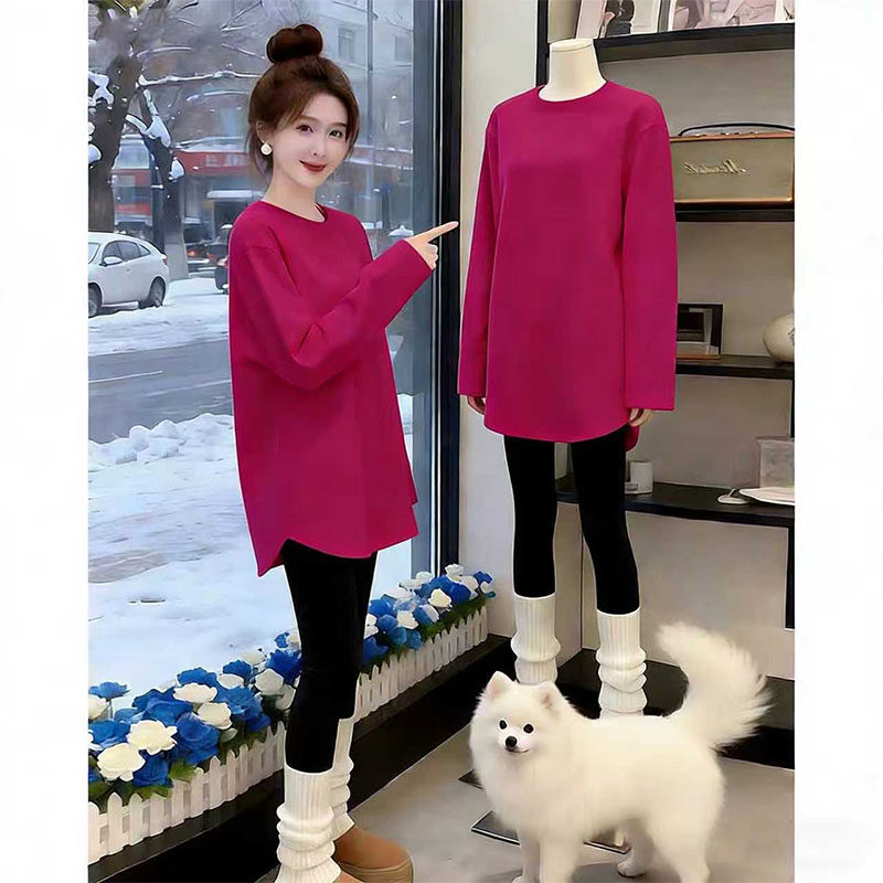 秋冬德绒玫红色内搭洋气减龄中长款长袖T恤女弧形下摆开叉上衣ins,女装/女士精品,T恤,淘宝优惠券,粉丝福利购,淘宝优惠卷