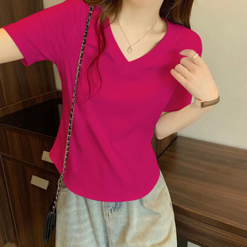 V领短袖t恤女夏大码女装玫红正肩胖MM打底衫圆弧下摆遮肉显瘦上衣