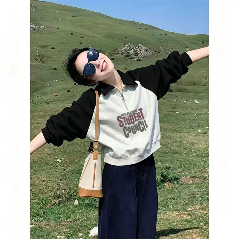 ins时尚拼接撞色套头卫衣女早秋装韩版宽松半拉链翻领短款上衣潮