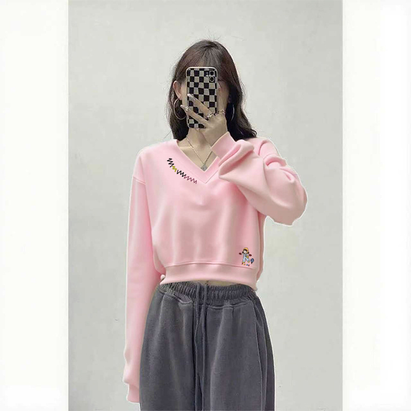 粉色V领卫衣女春秋2025新款韩系收腰显瘦休闲通勤百搭外套上衣潮