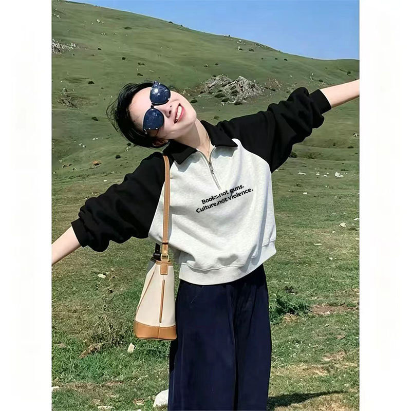 半拉链POLO领卫衣女装春秋薄款宽松显瘦棉质长袖小个子短款上衣潮