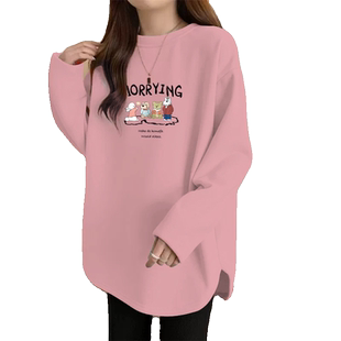 纯色中长款打底衫女秋冬宽松内搭长袖t恤弧形下摆侧开叉上衣百搭