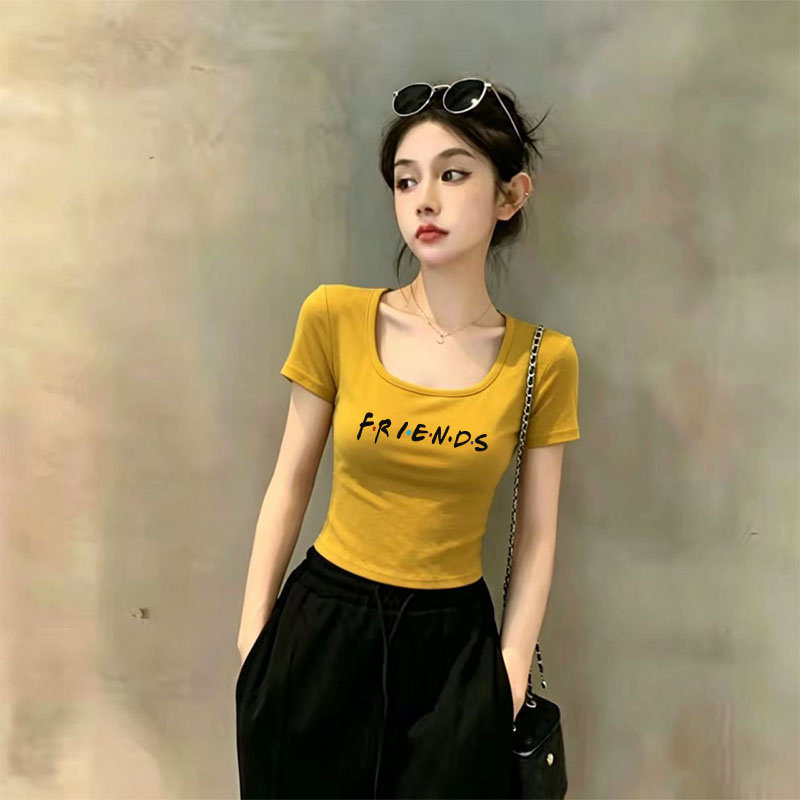 纯色正肩短款韩系绝美短袖T恤女夏季设计感修身显瘦辣妹大U领上衣图片