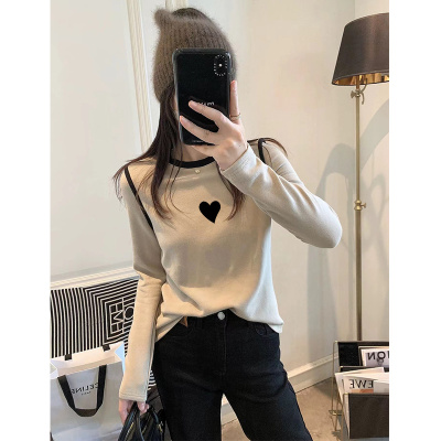 德绒打底衫女秋冬2025新款显瘦撞色洋气内搭上衣加厚磨毛长袖t恤