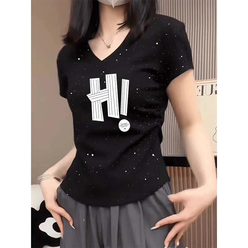 黑色亮片正肩短袖T恤女装夏季褶皱收腰紧身显瘦V领短款辣妹小上衣