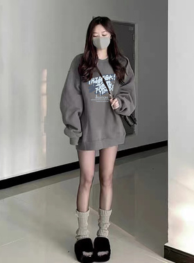 灰色卫衣女秋冬厚款2022新款潮ins冬季无帽宽松韩版bf慵懒风加绒